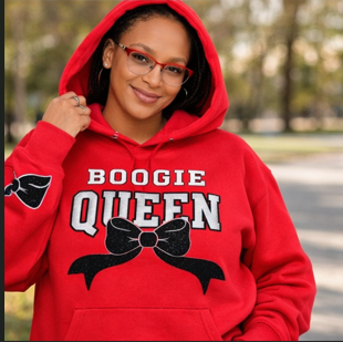 Boogie Queen rhinestone hoodie — front view of design