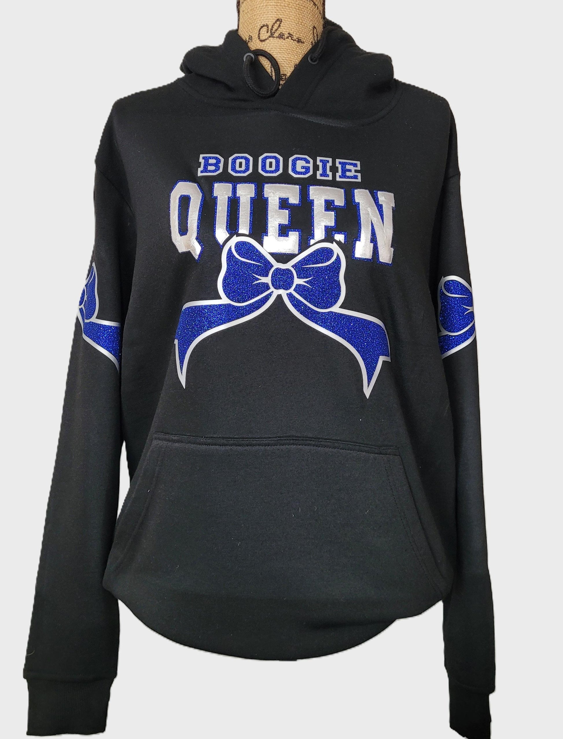 Boogie Queen rhinestone hoodie — bust shot in black