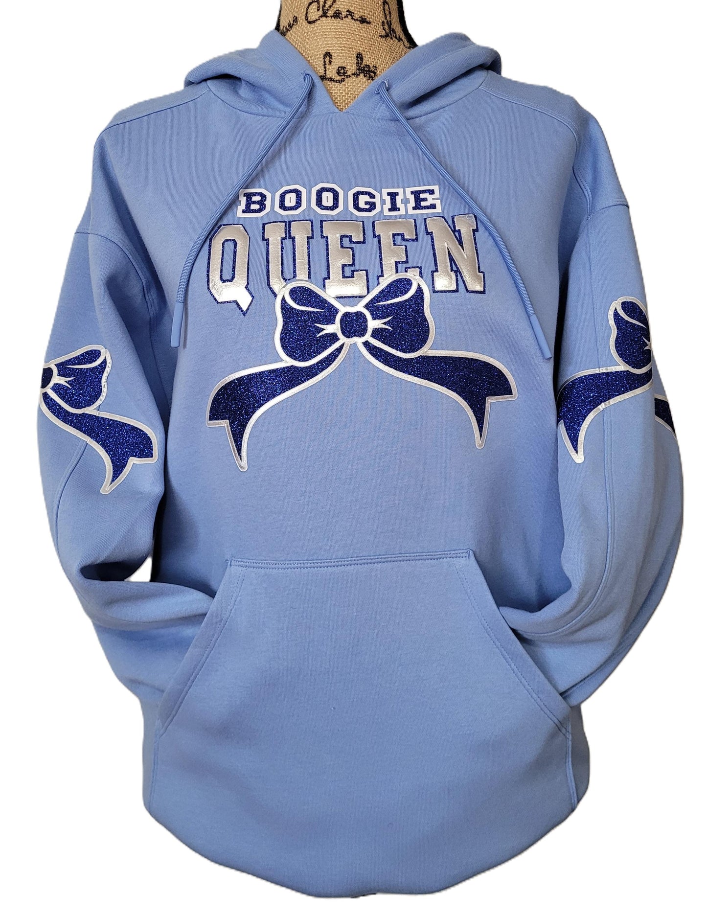 Boogie Queen rhinestone hoodie — bust shot in blue