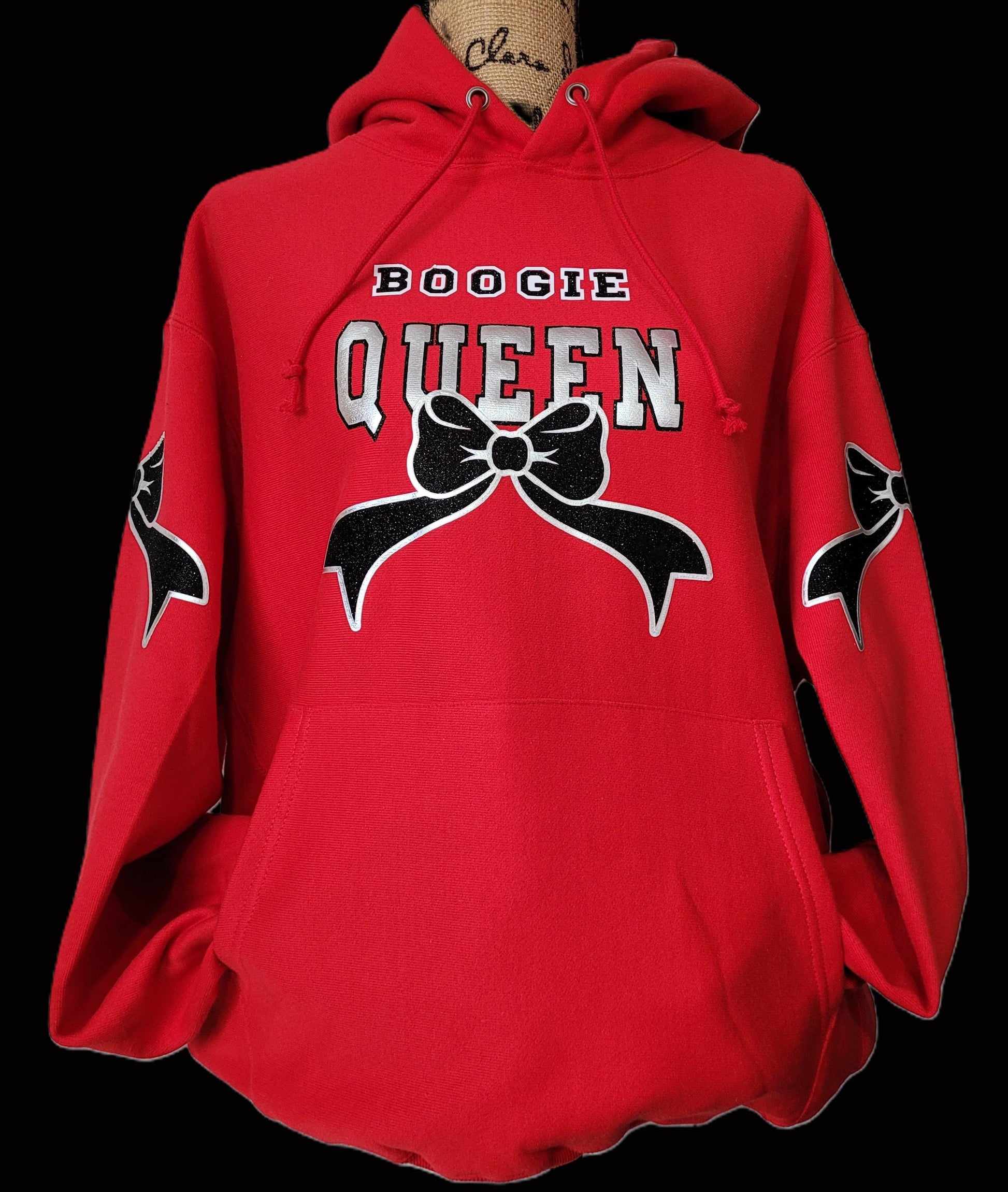 Boogie Queen rhinestone hoodie — bust shot in cream