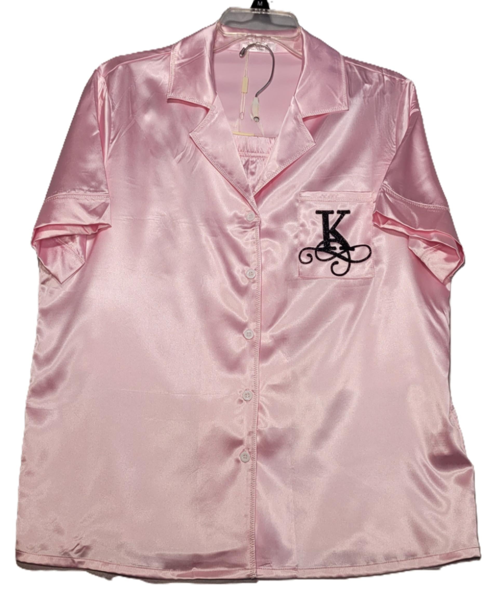 Bride Luxe silk bridal pajama set in pink — front view