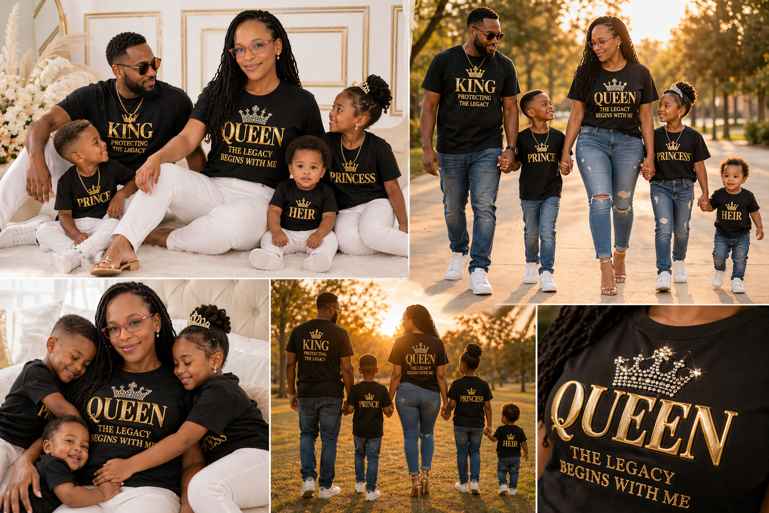 Photo collage showing matching King, Queen, Prince, Princess, and Heir family tees in different settings