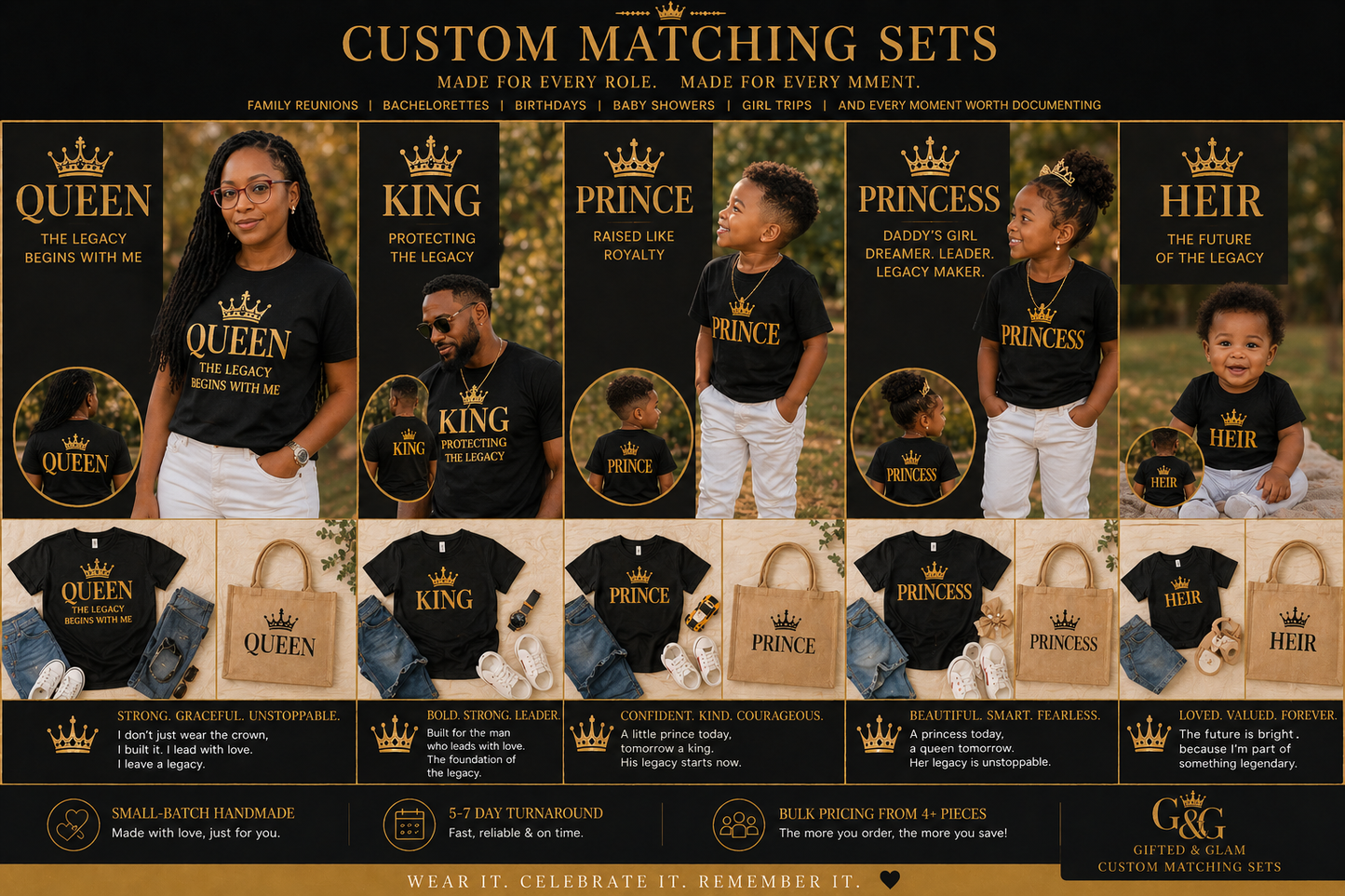 Custom Matching Family Sets look book showing King, Queen, Prince, Princess, and Heir tee designs