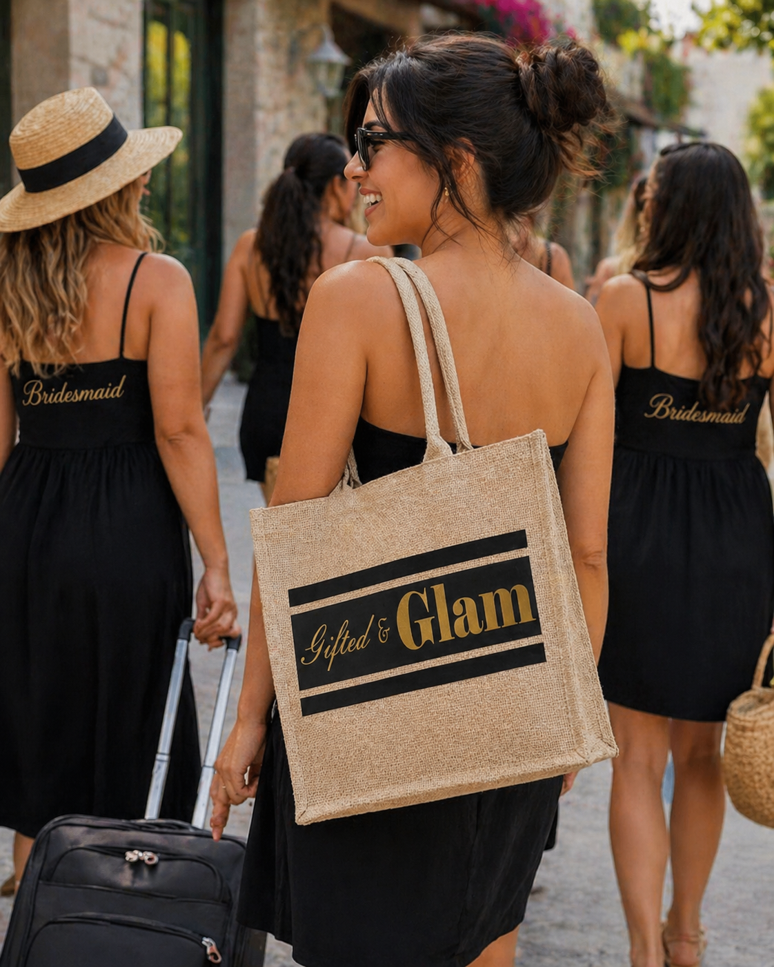 Gold Gifted and Glam jute tote bag — bridesmaid styled photo