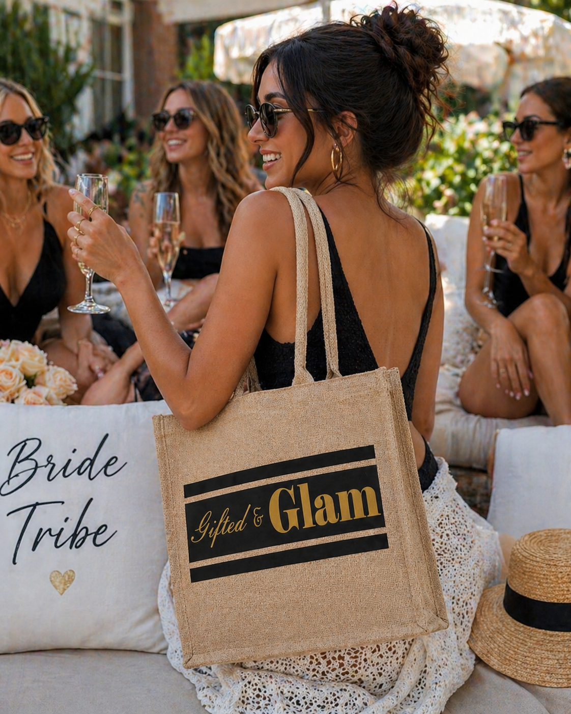 Gold Gifted and Glam jute tote bag — alternate angle