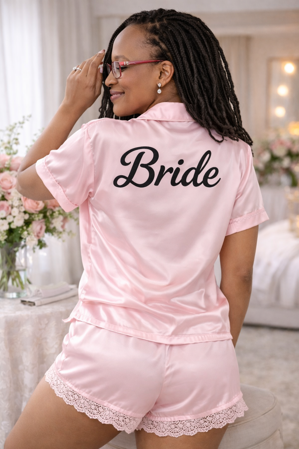 Bride Luxe silk bridal pajama set — styled photo