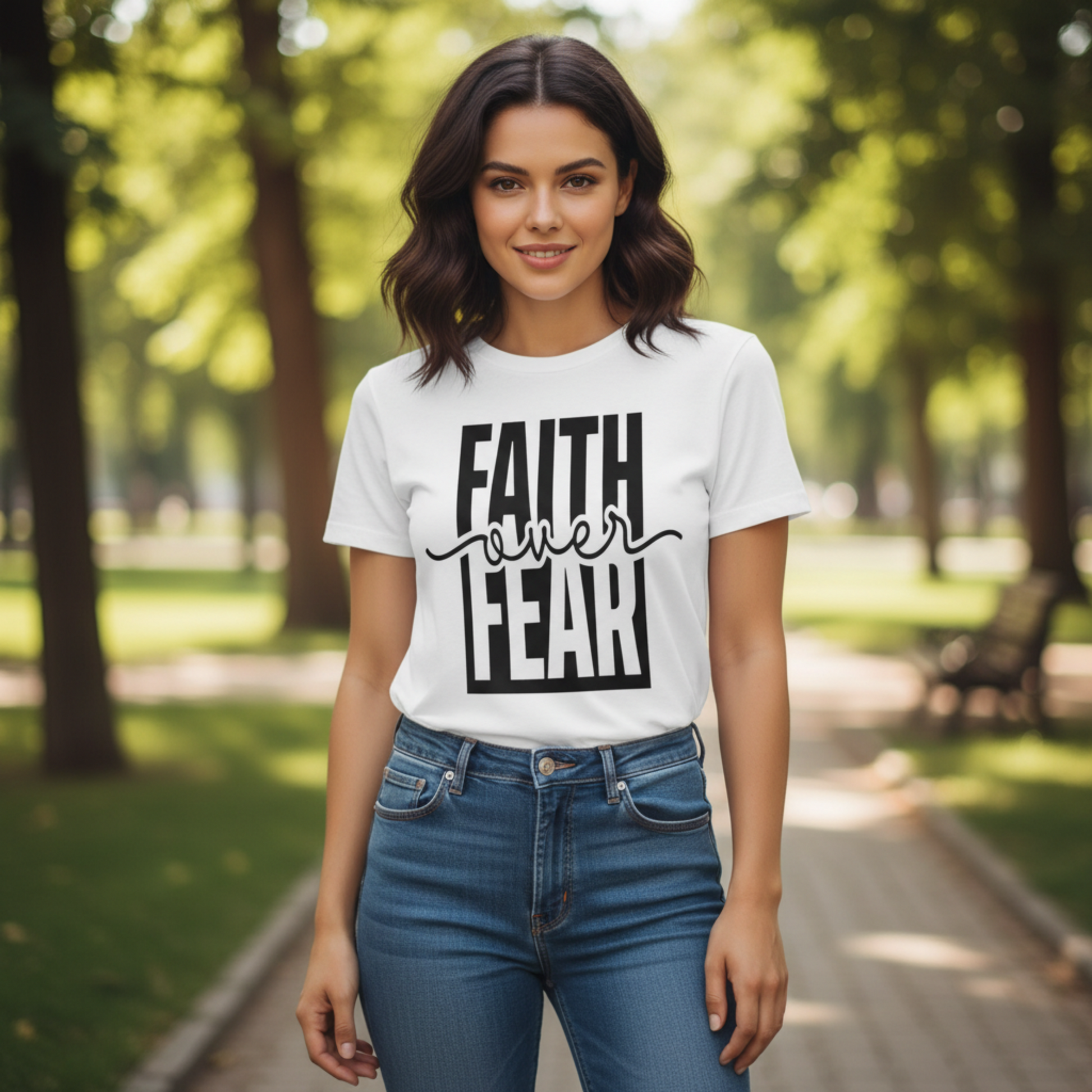 Faith Over Fear statement tee — worn shot