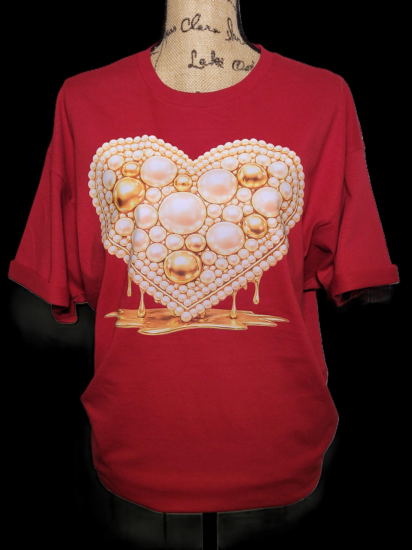 Pearl Drip Heart statement tee — full shirt view