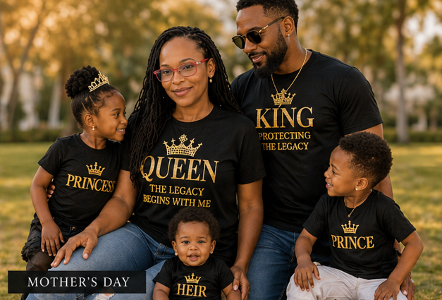 Family in matching black King, Queen, Princess, Heir and Prince Tees for Mother's day photoshoot