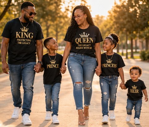 Family walking outdoors in matching black King, Queen, Prince, Princess, and Heir custom tees