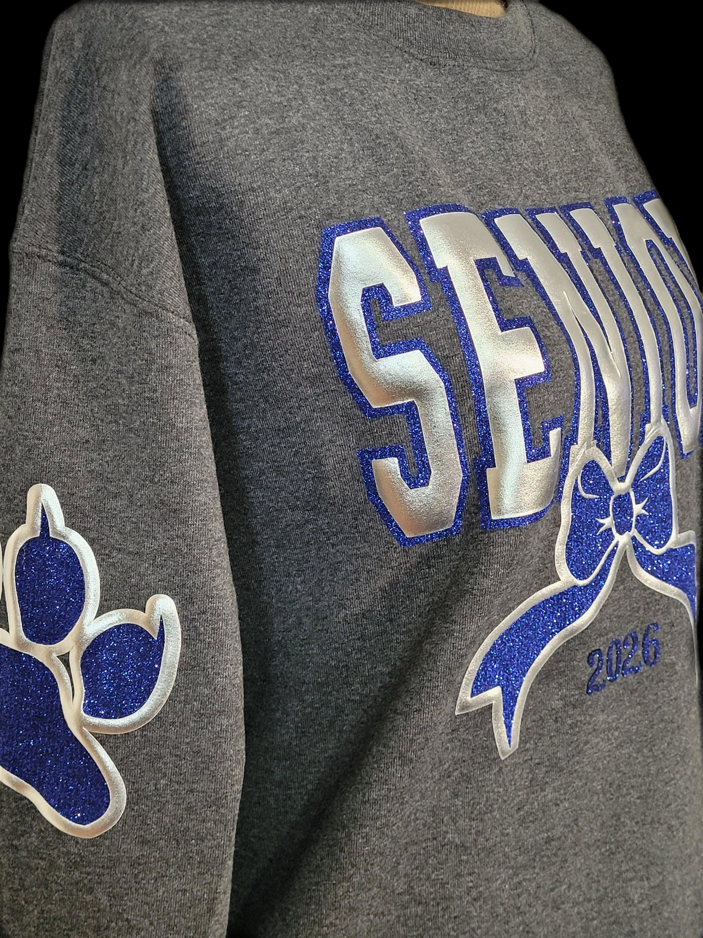 Custom Class of 2026 senior sweatshirt — right sleeve detail