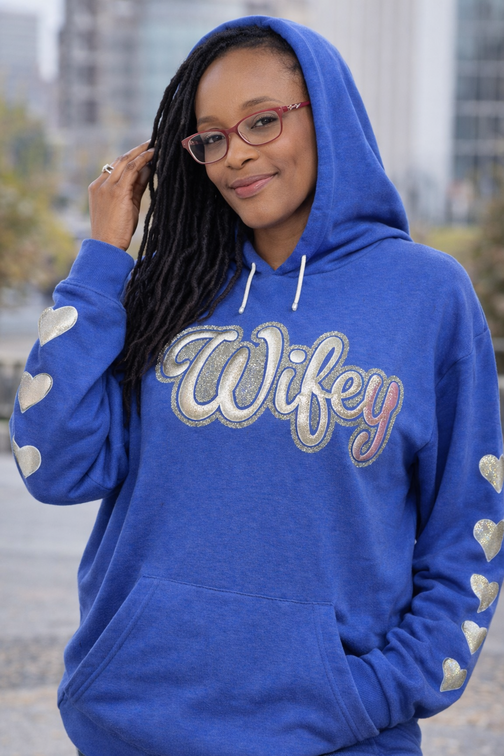 Wifey Luxe statement hoodie — worn shot