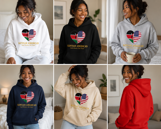 Kenyan-American Dual Identity Hoodie shown in White, Black, Gray, Navy, Sand and Red with the Kenya-USA flag heart design