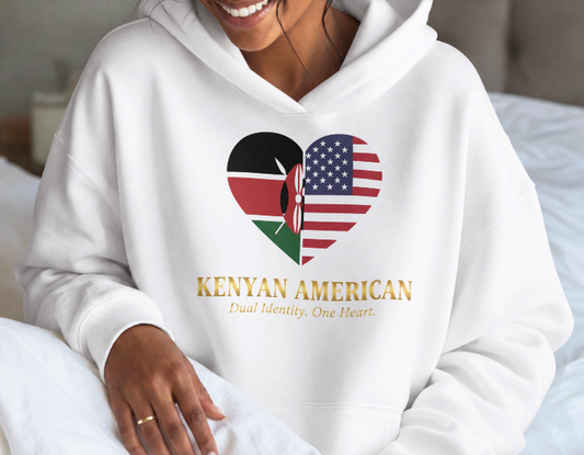 White Kenyan-American Dual Identity Hoodie close-up with gold Kenyan American lettering